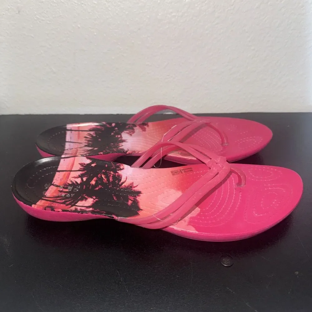 Crocs Isabella 204196 Jelly Pink Black Palm Trees Flip Flops Womens SIZE 10